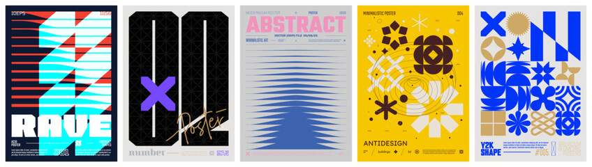 Aufkleber - Set modern art colorful trendy poster, abstract geometric A4 composition graphic in Y2K aesthetics, vector simple shapes rave print artwork modernism and minimalistic brutalism style, mix set 3