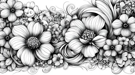 Fototapete - A detailed black and white illustration showcases an array of flowers intertwined with elegant swirling lines, displaying intricate patterns and textures