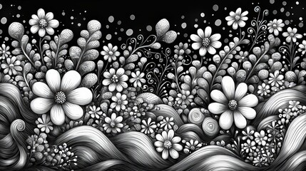Aufkleber - An intricate floral illustration features elegant flowers and swirling patterns against a black background
