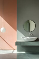 Modern bathroom with an oval-shaped sink and a round mirror against a pastel pink and grey wall