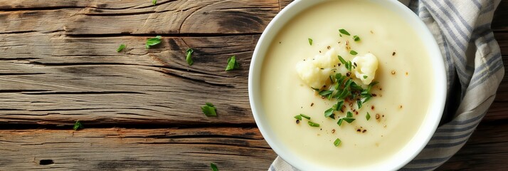 Wall Mural - A bowl of creamy soup with parsley on top sits on a wooden table. The soup is white and has a creamy texture. The parsley adds a pop of color and freshness to the dish