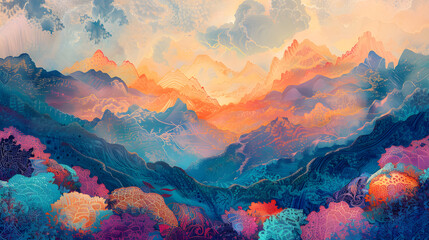 Wall Mural - A mountain range with a large, red and orange cloud in the sky