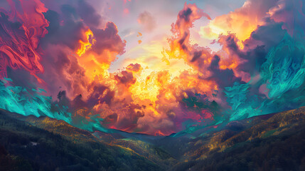 Wall Mural - A mountain range with a large, red and orange cloud in the sky
