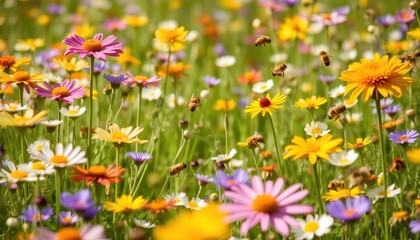 Wall Mural - Bees Pollinating Flowers in a Meadow.