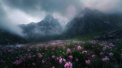 Wall Mural - A mountain range with a large hole in the middle. The sky is a mix of purple and blue