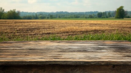 Rustic table top with a farm field out of focus in the background, evoking the simplicity of country living.