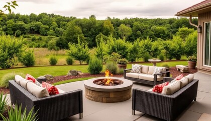 Sticker - Outdoor Patio with Fire Pit and Wicker Furniture.