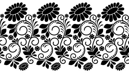 Wall Mural - Decorative horizontal black ornament with flowers, swirls, leaves and dots. Floral seamless border in black on white