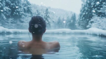 Wall Mural - Back view of a female in spa pool with beautiful scenic view