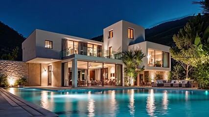 Wall Mural - Modern villa with pool at night