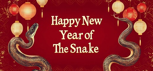 a greeting card or banner design for the new year of 2025 depicting two snakes and chinese decorativ