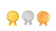 © Tark - Award golden, silver and bronze blank medals 3d vector realistic illustration. First, second and third place medals or buttons isolated on white background. Quality blank, empty badge, Generative AI