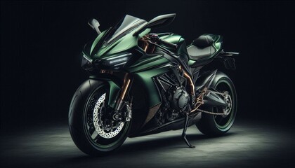 Luxury expensive super bike parked on dark background. modern luxury design green bike. Clean lines and detailed front view of modern automotive advertising banner