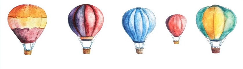 Watercolor depiction of multiple hot air balloons in the air, colorful and festive, isolated on white background