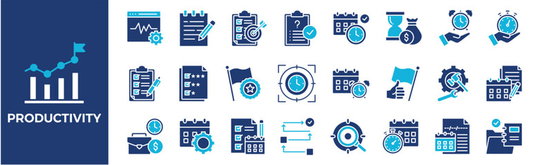 Productivity icon collection set. Containing design, business, productivity, technology, office, career, management, and more. Solid vector icons collection.	