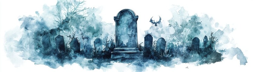 Watercolor of a gravestone with ghostly figures surrounding it, eerie and atmospheric, isolated on white background