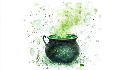 Watercolor illustration of a Halloween cauldron bubbling with green potion, mystical and spooky, isolated on white background