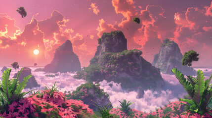 Wall Mural - A beautiful landscape with mountains and trees, with a pink and orange sky. 