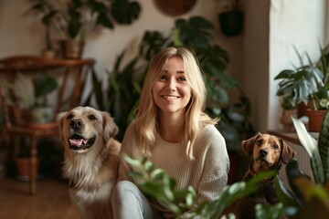 Wall Mural - A woman is sitting on the floor with two dogs and a potted plant in the background. She is smiling and she is enjoying the moment