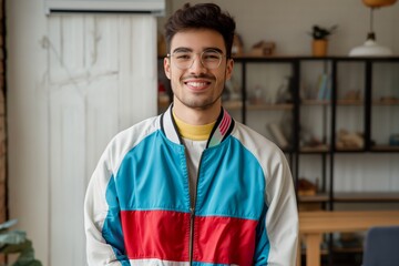 A man wearing a colorful jacket is smiling for the camera. The jacket is multi-colored and has a zipper. The man is standing in front of a bookshelf with several books on it