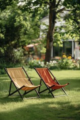 Two lawn chairs are sitting in a grassy field, one of which is yellow and the other is red. The chairs are positioned in front of a house, with trees in the background. The scene is peaceful