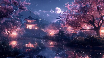 a digital artwork of a japanese garden with cherry blossoms in full bloom, a traditional pagoda, nig