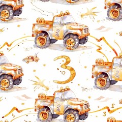 In this watercolor seamless pattern you'll find yellow monster trucks, mud, flags, goblets, and lightning on a white background