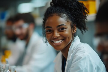 Happy black biochemist working with her colleagues in lab and looking at camera, Generative AI