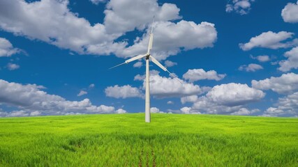 Wall Mural -  wind turbine among a green fields time lapse scene