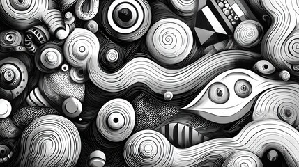 Sticker - Swirling patterns of circles and lines create a dynamic abstract composition in monochrome tones, emphasizing depth and movement