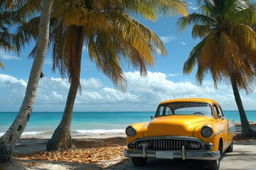 Sticker - Yellow classic american car parked on tropical beach with palm trees