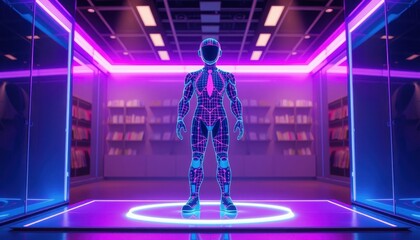 Poster - Futuristic Cyborg Standing in Neon Light.