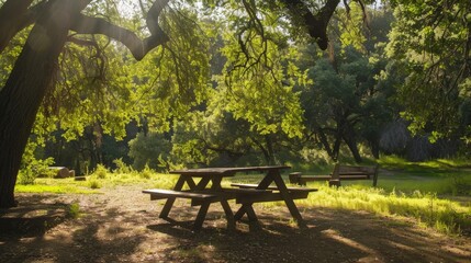 Sticker - Picnicking under a canopy of trees, with dappled sunlight filtering onto the picnic table.