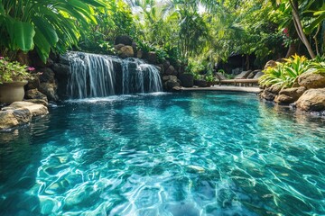 Sticker - Luxury swimming pool being fed by waterfall in tropical paradise