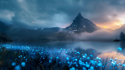 Wall Mural - A mountain range with a lake in the foreground. 