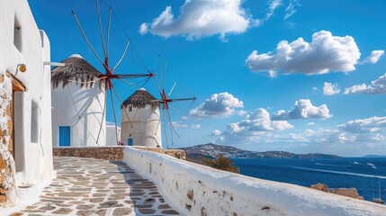 Poster - Traditional white windmill overlooking aegean sea on sunny summer day, mykonos, cyclades islands, greece