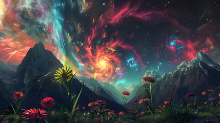 Wall Mural - A colorful, swirling galaxy with mountains in the background. 