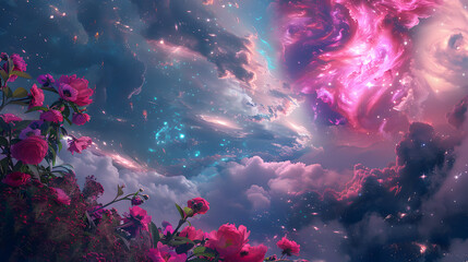 Wall Mural - A colorful, swirling galaxy with mountains in the background. 