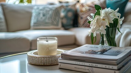 Sticker - Setting up a coffee table with a stack of fashion magazines and a scented candle for relaxation.