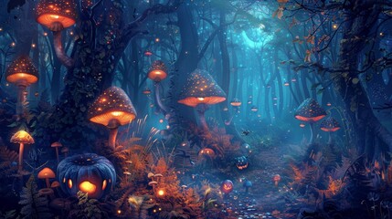 Sticker - Show a Halloween background with a dark, enchanted forest filled with glowing mushrooms and mysterious creatures.