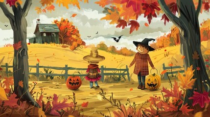 Canvas Print - Show a happy family enjoying a Halloween hayride, surrounded by colorful autumn leaves, pumpkins, and friendly scarecrows.