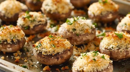 Wall Mural - Stuffed mushrooms with breadcrumbs and Parmesan cheese, a savory starter for Christmas gatherings.