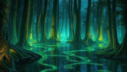 Sticker - Mystical Forest Swamp at Night.