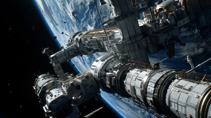 Wall Mural - Suspended in the blackness of space, astronauts skillfully assemble a space station. Their coordinated efforts 