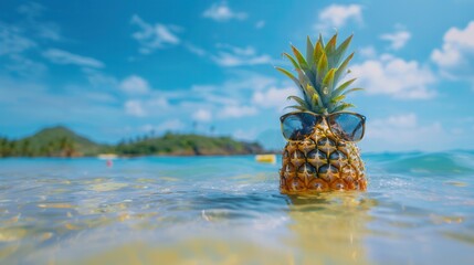 Fresh pineapple with sunglasses in sea water