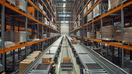 Poster - The interior of a high-capacity warehouse with automated sorting and packing lines. The integration of technology streamlines operations, reduces manual labor