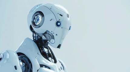 A close-up of a white humanoid robot with blue lights for eyes.