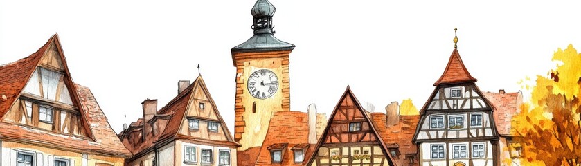 a watercolor illustration of a bavarian clock tower, traditional architecture, isolated on white bac