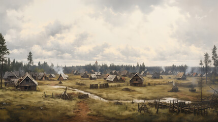 Panorama of a summer sunny day in an old Russian village. Wooden houses and huts on green fields. Landscape with forest in the background.