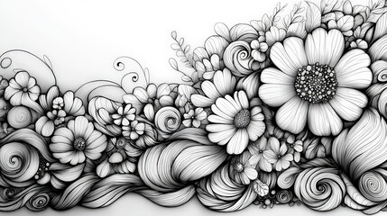 Fototapete - A detailed black and white illustration showcases flowing curls intertwined with various flowers and decorative swirls